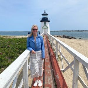 White dress with blue pattern